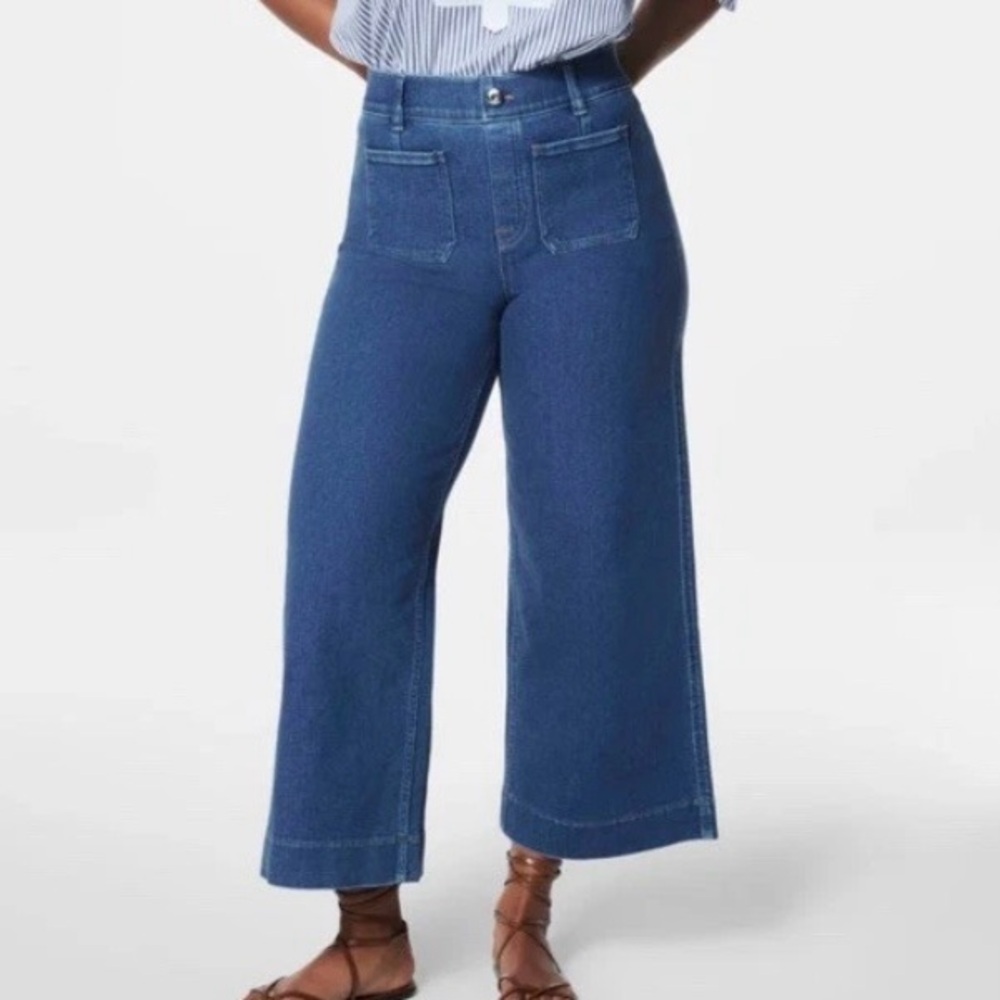 NWT SPANX Shapewear Cropped Jeans Wide Leg High Rise Washed Blue size 3XL Petite